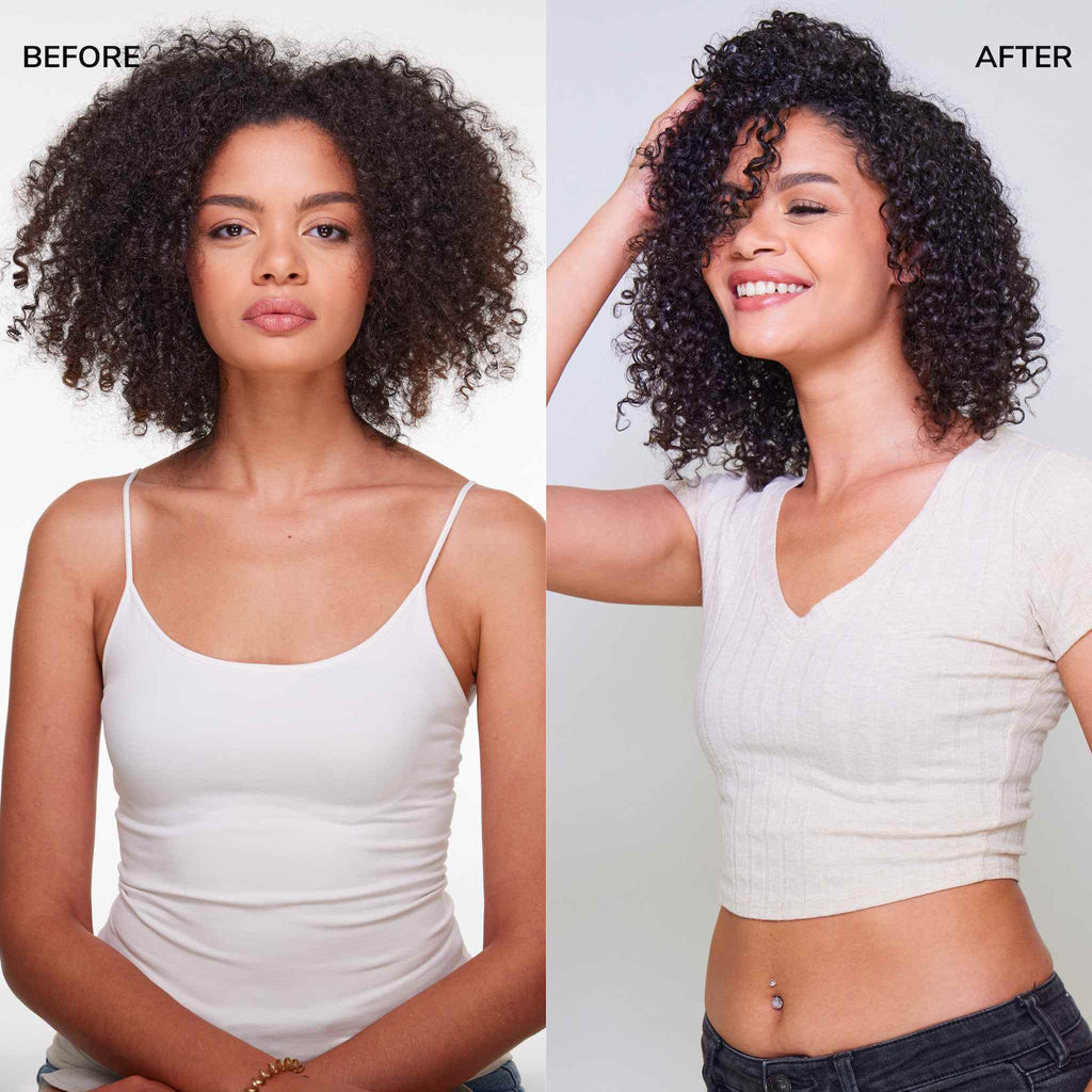 Before & after of a model with undefined, frizzy curls and then defined, glossy, frizz-free curls.
