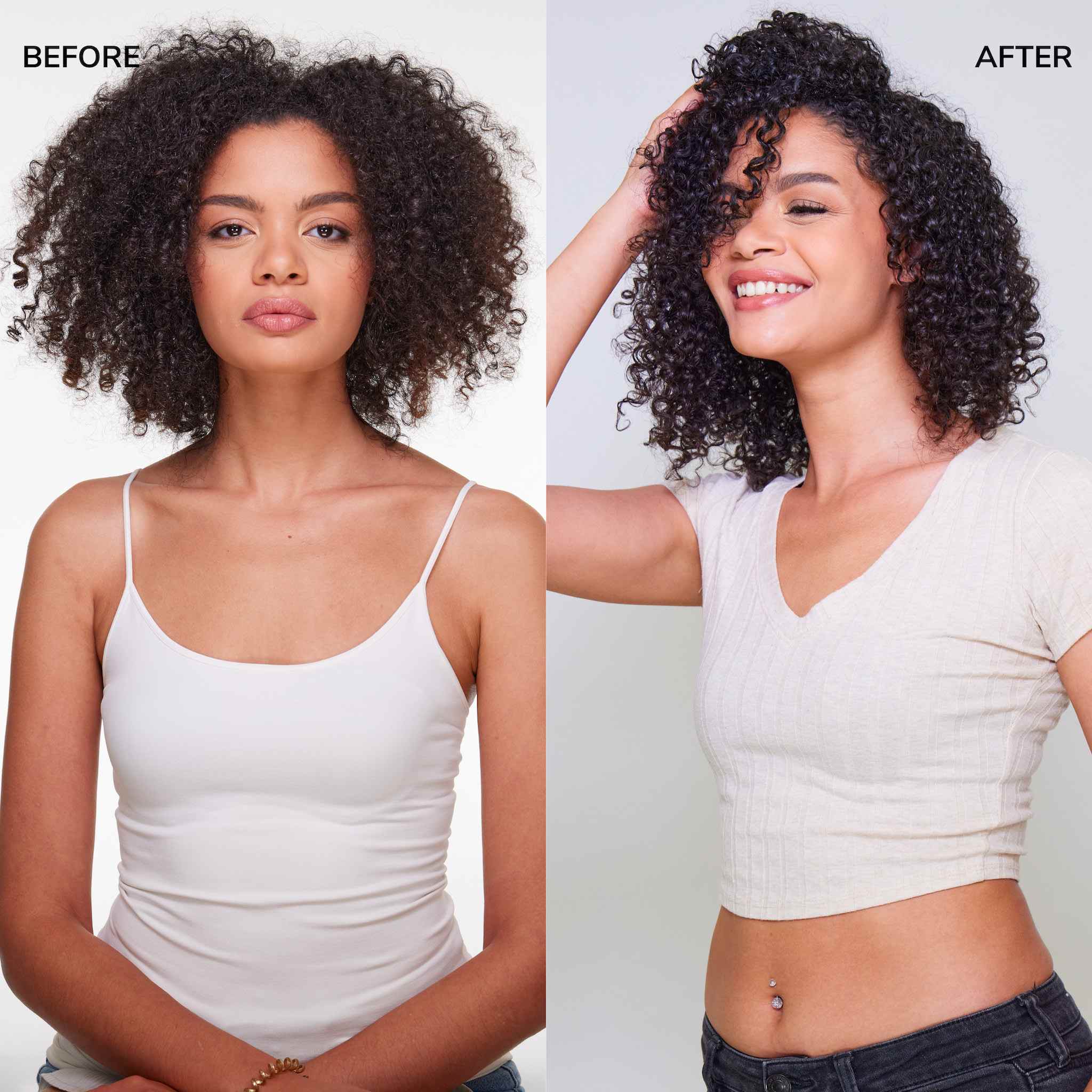 Before & after of a model with undefined, frizzy curls and then defined, glossy, frizz-free curls.