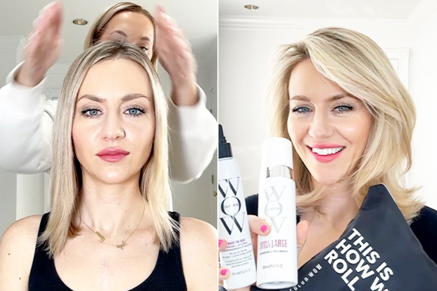 Before & after of a model with flat, thin hair and then thick, voluminous hair. 