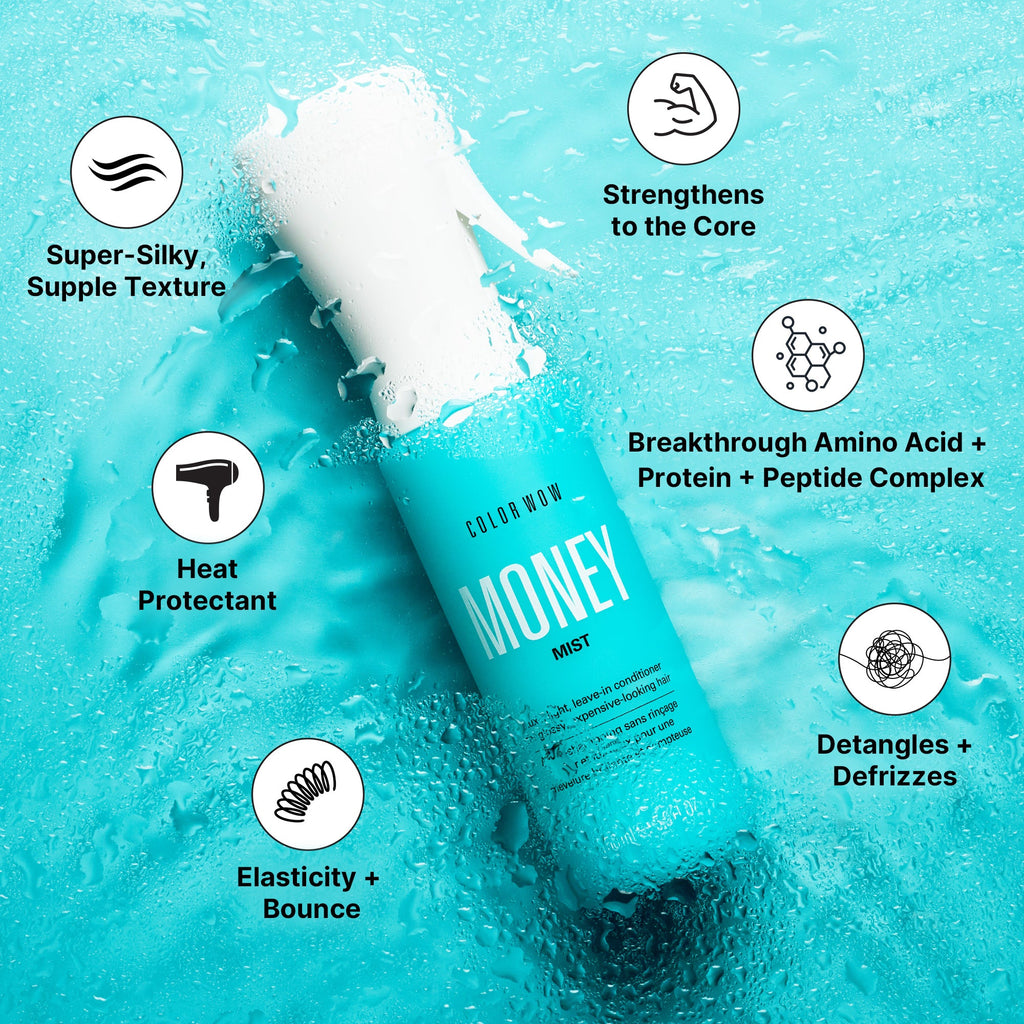 Color Wow Money Mist leave-in conditioner bottle on aqua water background with product benefits around it: Super-silky, supple texture; Strengthens to the core; Breakthrough amino acid + protein + peptide complex; Detangles + defrizzes; Elasticity + bounce; Heat protectant.