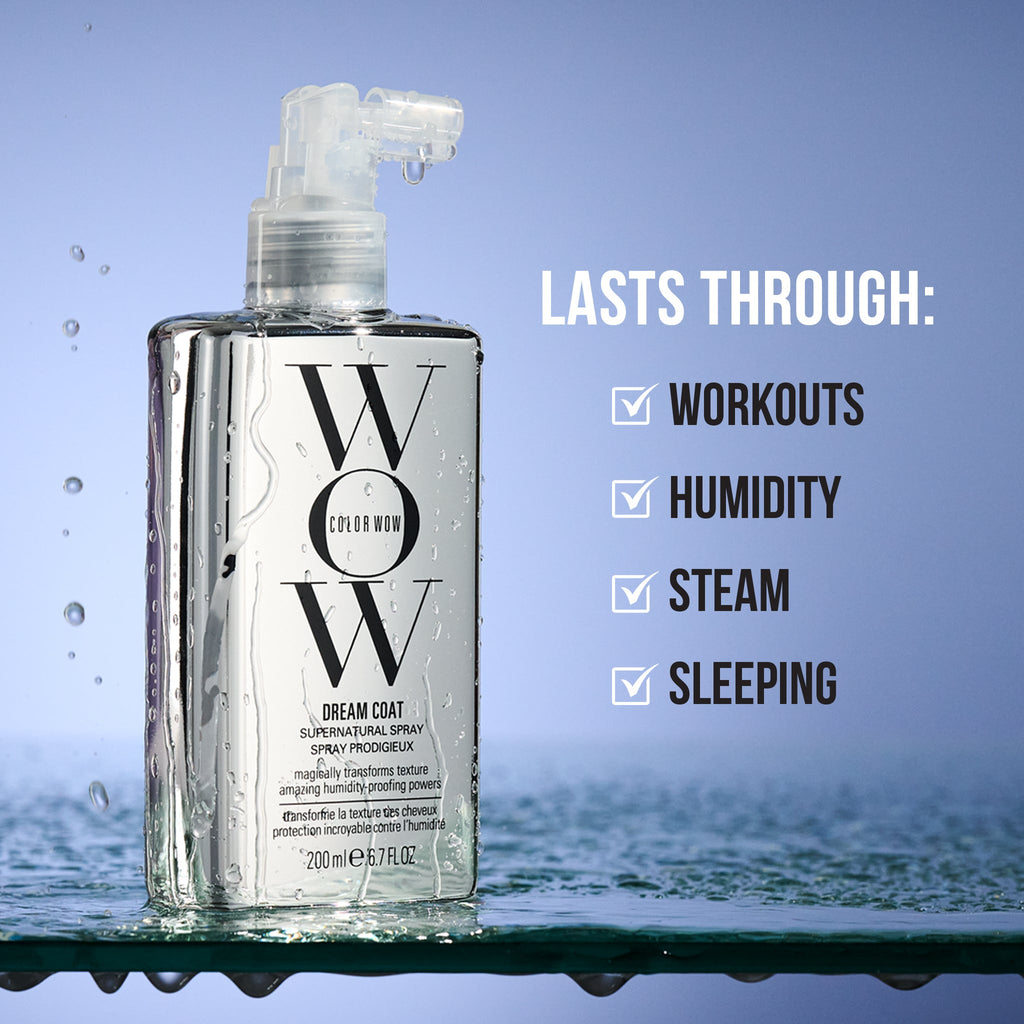 Clear spray bottle labeled "Color Wow Dream Coat" with water droplets. Text beside reads: "Lasts through workouts, humidity, steam, sleeping."
