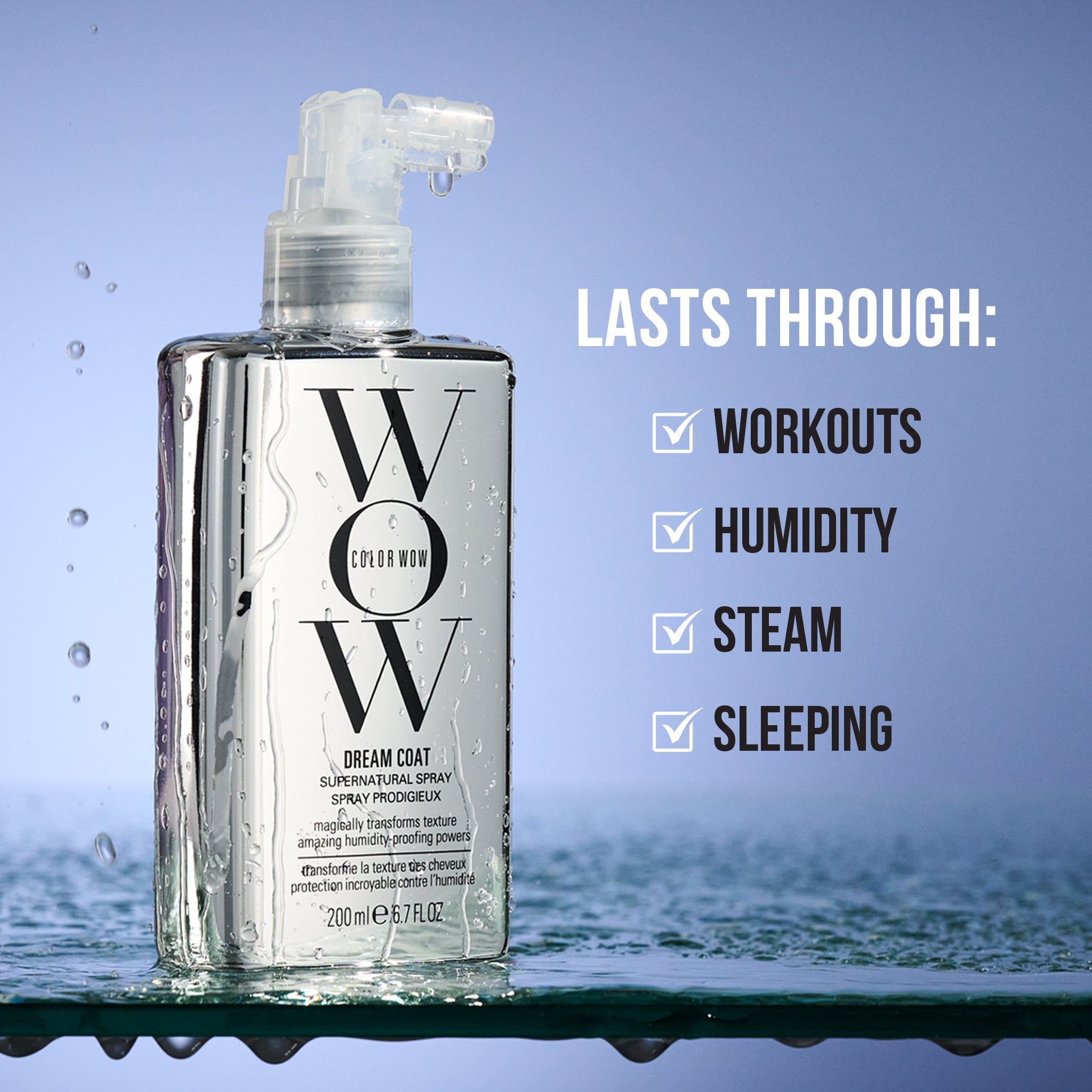 Clear spray bottle labeled "Color Wow Dream Coat" with water droplets. Text beside reads: "Lasts through workouts, humidity, steam, sleeping."