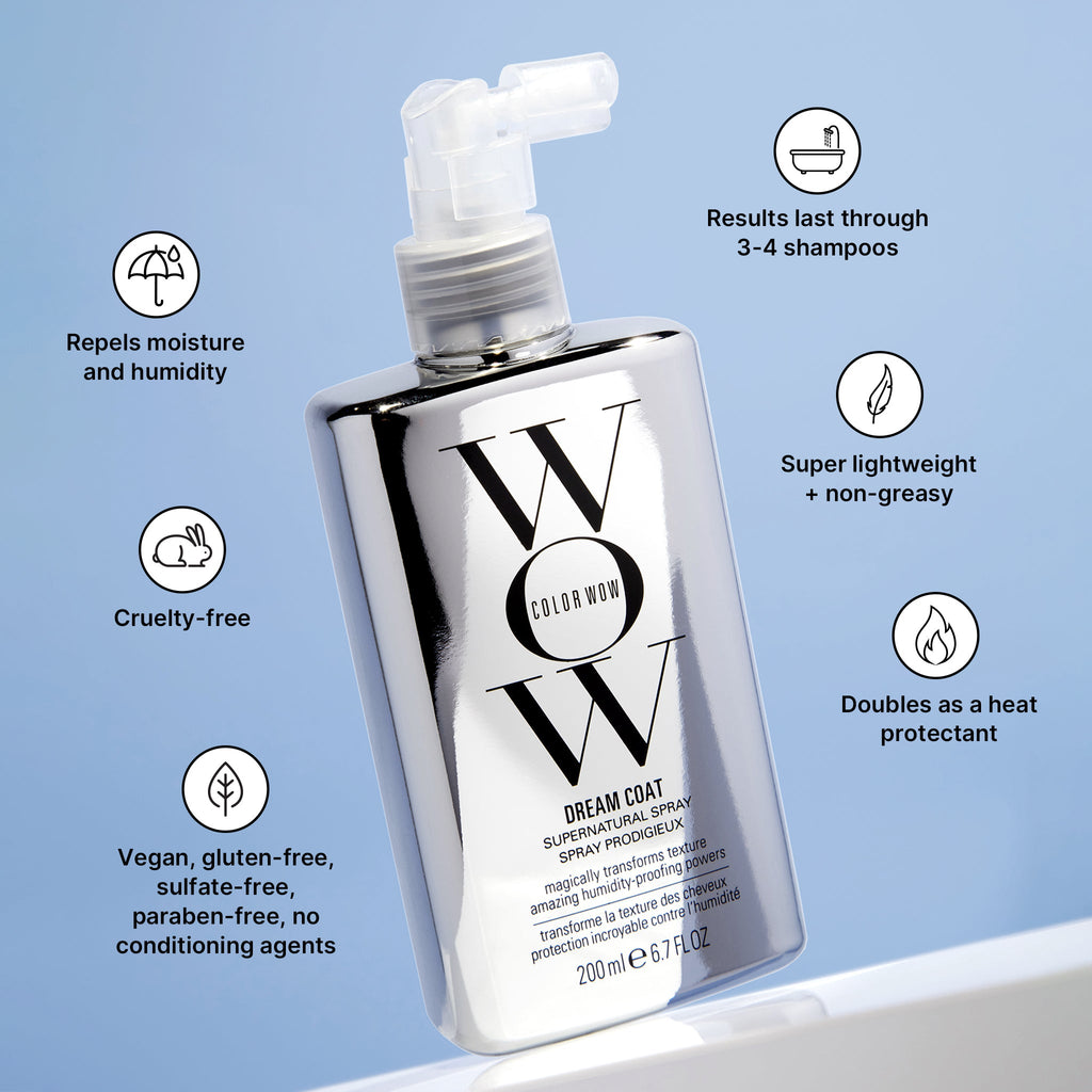 Silver bottle of Color Wow Dream Coat on a blue background, surrounded by icons stating it is vegan, cruelty-free, and effective for humidity.