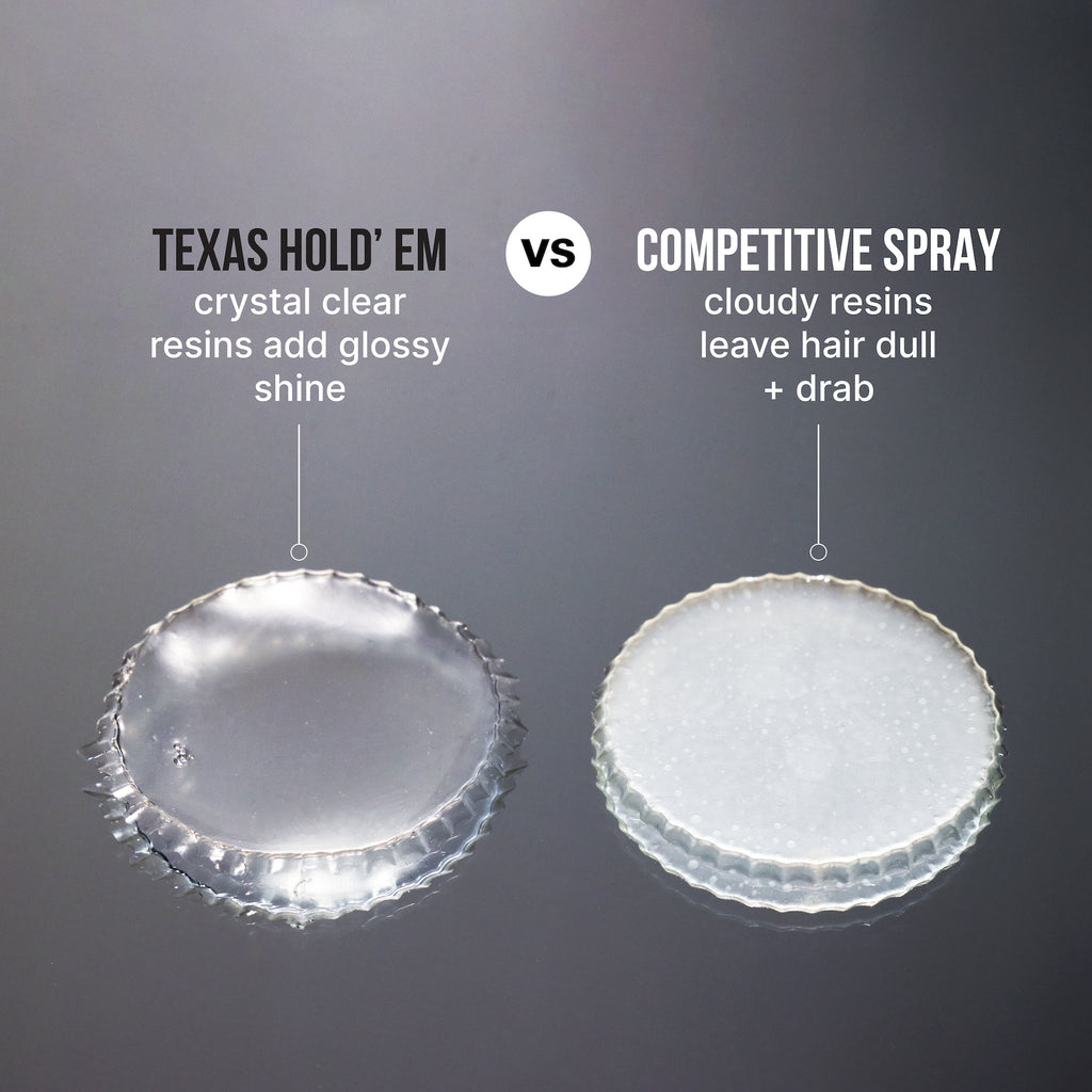 TEXAS HOLD’EM
crystal clear resins add glossy shine

VS

COMPETITIVE SPRAY
cloudy resins leave hair dull + drab