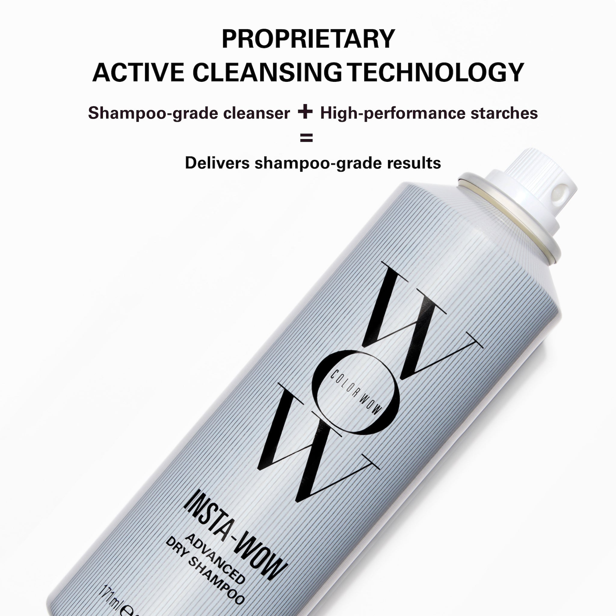 Insta-Wow dry shampoo can with text about proprietary active cleansing technology on a white background