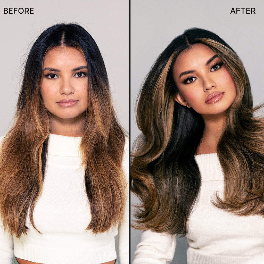 before and after of a model with caramel hair