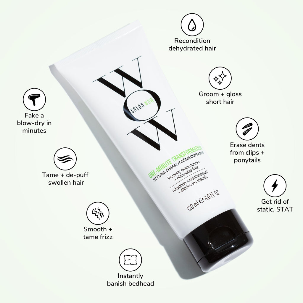One Minute Transformation helps to fake a blow-dry in minutes, tame + de-puff swollen hair, smooth + tame frizz, instantly banish bedhead, recondition dehydrated hair, groom + gloss short hair, erase dents from clips + ponytails, and get rid of static, STAT. 