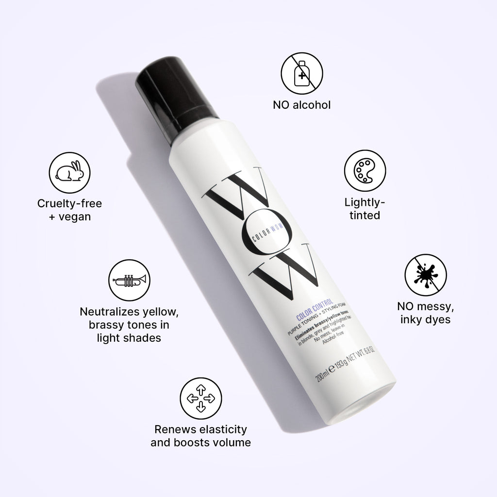 Color Wow's Color Control Toning Foam is alcohol free and vegan. It neutralizes brassy tones in blonde hair while renewing elasticity.Color Control Purple Foam neutralizes yellow, brassy tones in light shades, renews elasticity, and boosts volume. It is cruelty-free + vegan, contains no alcohol, is lightly tinted, and has no messy, inky dyes. 