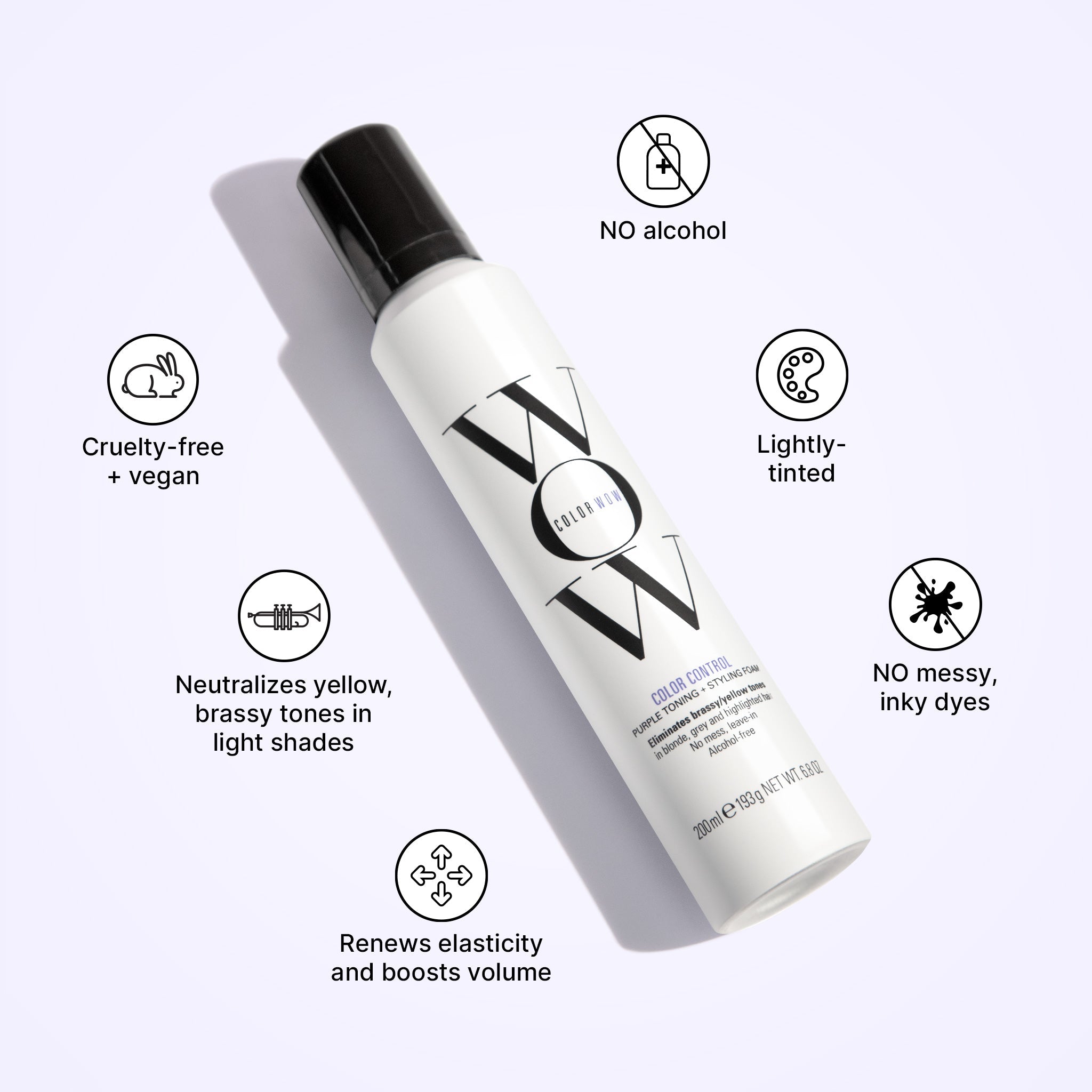 Color Wow's Color Control Toning Foam is alcohol free and vegan. It neutralizes brassy tones in blonde hair while renewing elasticity.Color Control Purple Foam neutralizes yellow, brassy tones in light shades, renews elasticity, and boosts volume. It is cruelty-free + vegan, contains no alcohol, is lightly tinted, and has no messy, inky dyes. 