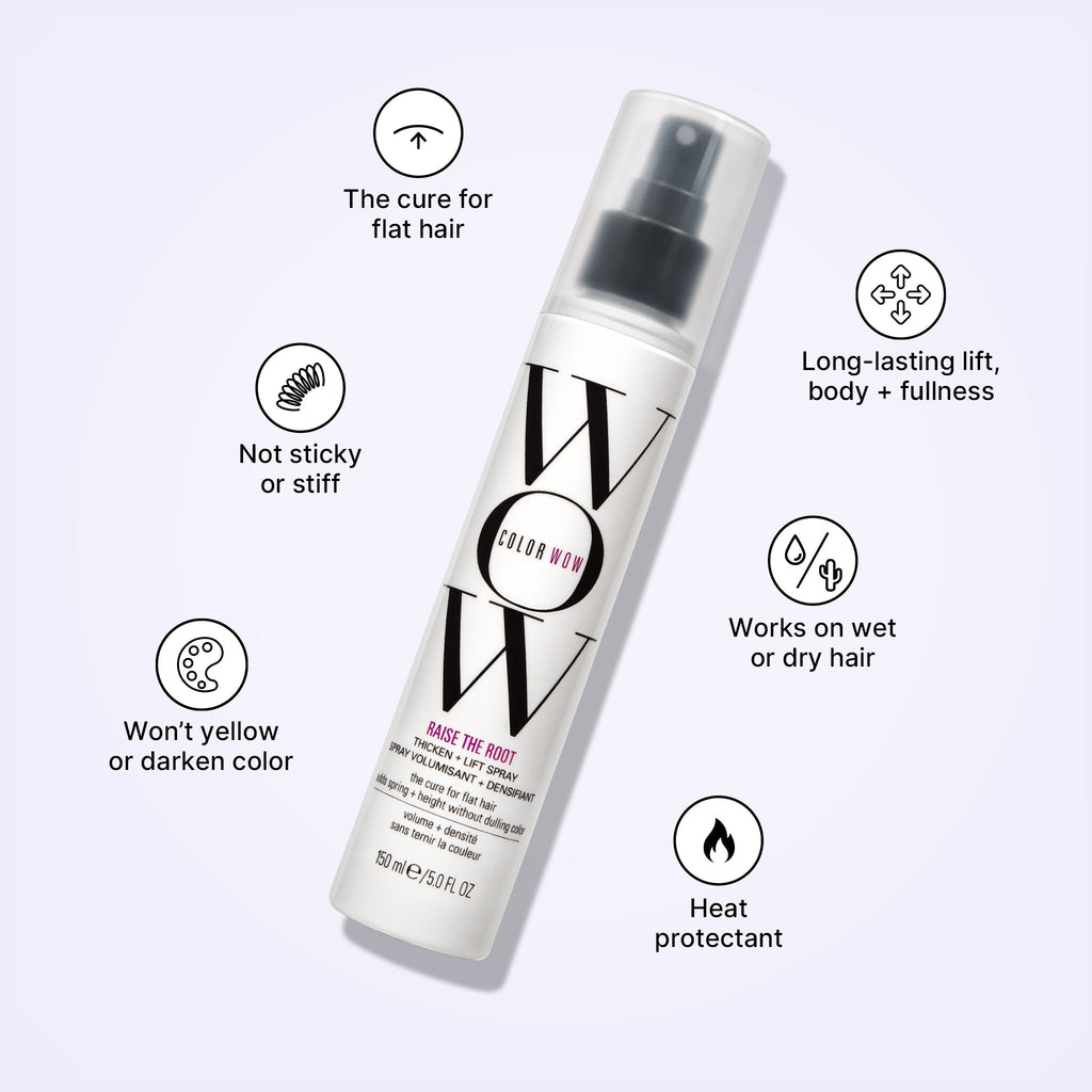 Raise the Root is the cure for flat hair and gives long-lasting lift, body + fullness. It is not sticky or stiff, won’t yellow or darken color, works on wet or dry hair, and is a heat protectant. 