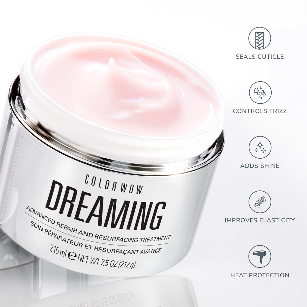 Color Wow Dreaming Advanced Repair and Resurfacing Treatment in a silver jar, open to reveal a swirl of light pink cream, highlighting key benefits including sealing the cuticle, controlling frizz, adding shine, improving elasticity, and providing heat protection.