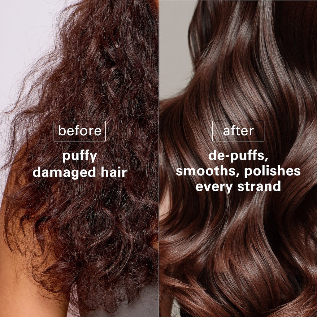 A split image showcasing a before-and-after hair transformation. On the left, there is puffy, damaged, and frizzy hair labeled “before.” On the right, the hair is smooth, shiny, and polished, labeled “after,” with the text "de-puffs, smooths, polishes every strand," emphasizing the product's transformative power.