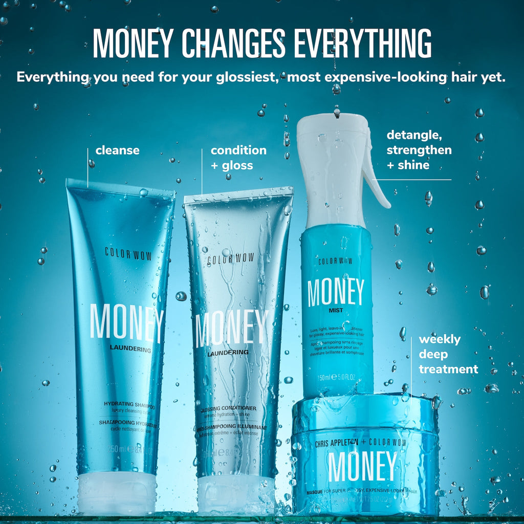 Color Wow Money hair care product set on a blue background. Money Laundering Shampoo (cleanse), Money Laundering Conditioner (condition + gloss), Money Mist (detangle, strengthen + shine) and Money Masque (weekly deep treatment).