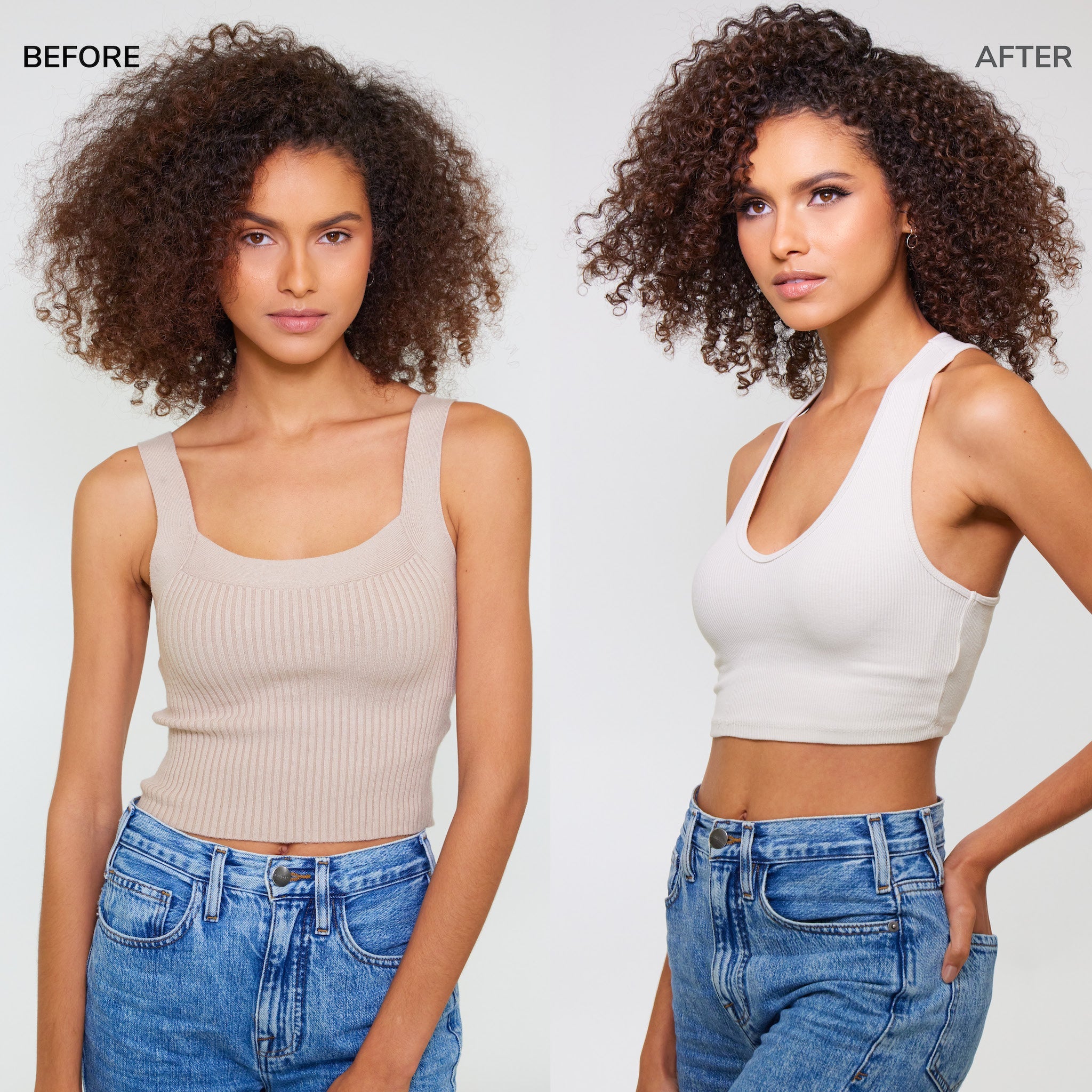 Before & after of a model with dry, brittle, static curls and then hydrated, silky curls. 